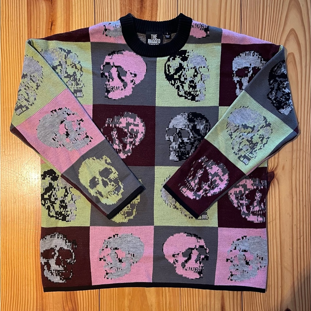 The Ragged Priest Pixel Skull Sweater in Pink, Green, and Gray